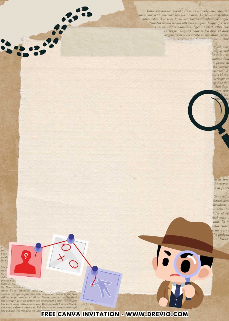 Free and Editable Lovely Little Detective Mystery Invitation Templates Made in Canva. Customize Online for free