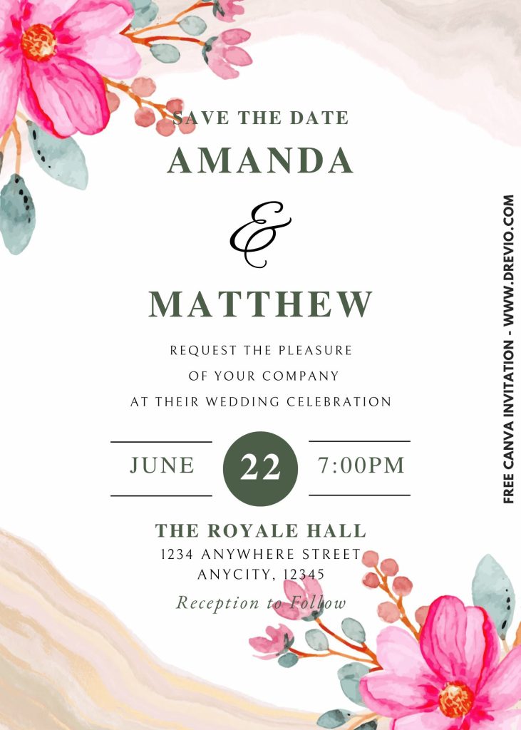 elegant marble rose floral wedding invitation template canva 2
