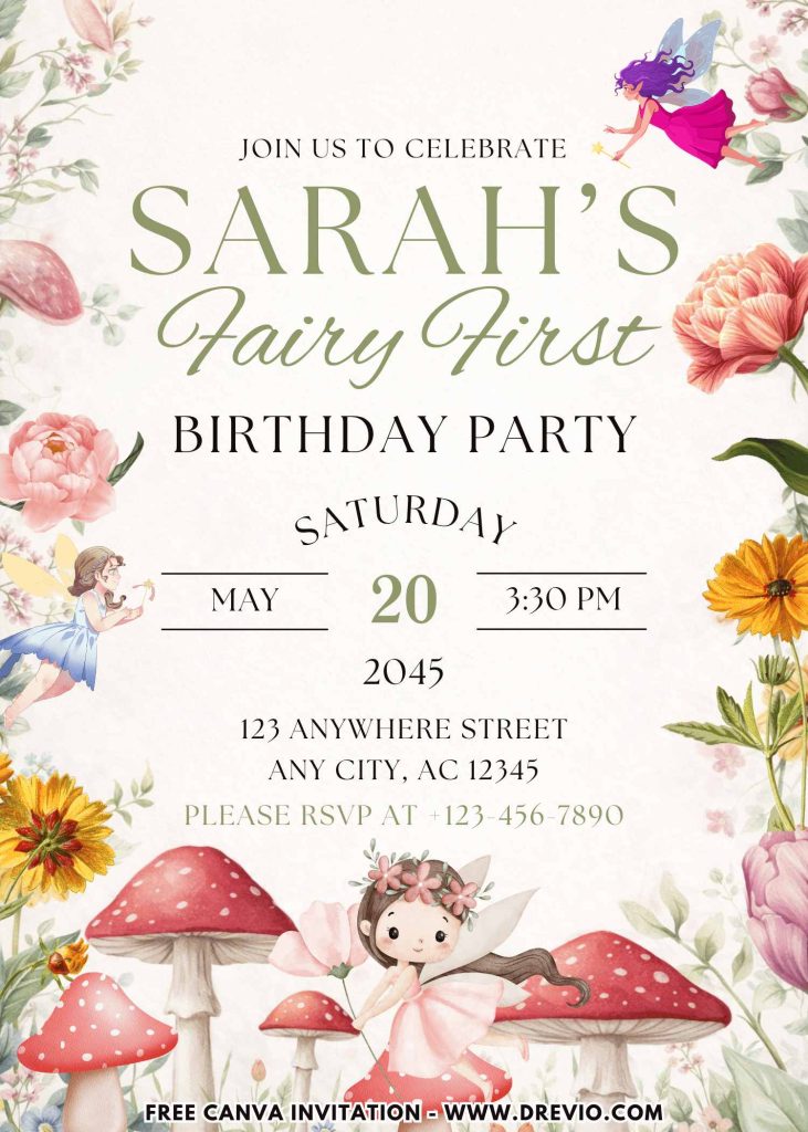 Free and Editable Fairy Birthday Invitation Templates Made in Canva. Customize Online for free