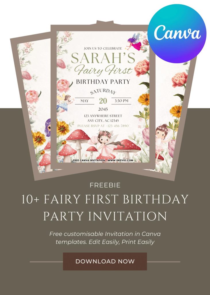 Free and Editable Magical Fairy Birthday Invitation Templates Made in Canva. Customize Online for free