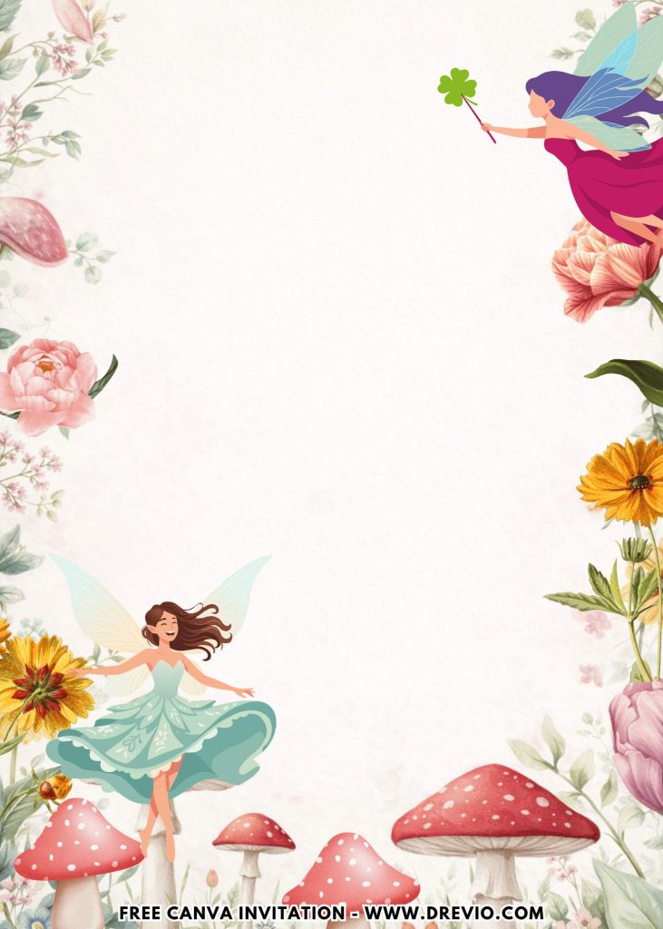 Free and Editable Whimsical Garden Fairy Birthday Invitation Templates Made in Canva. Customize Online for free