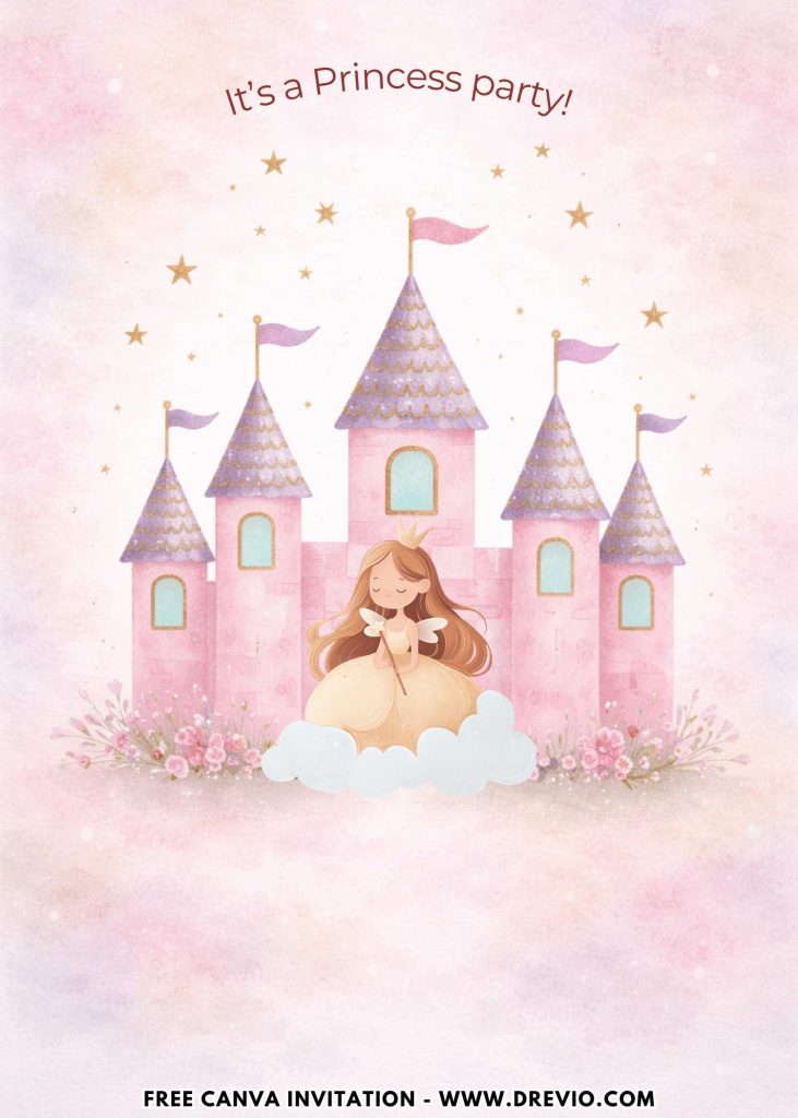 Free and Editable Whimsical Princess Castle and Carriage Birthday Invitation Templates Made in Canva. Customize Online for free