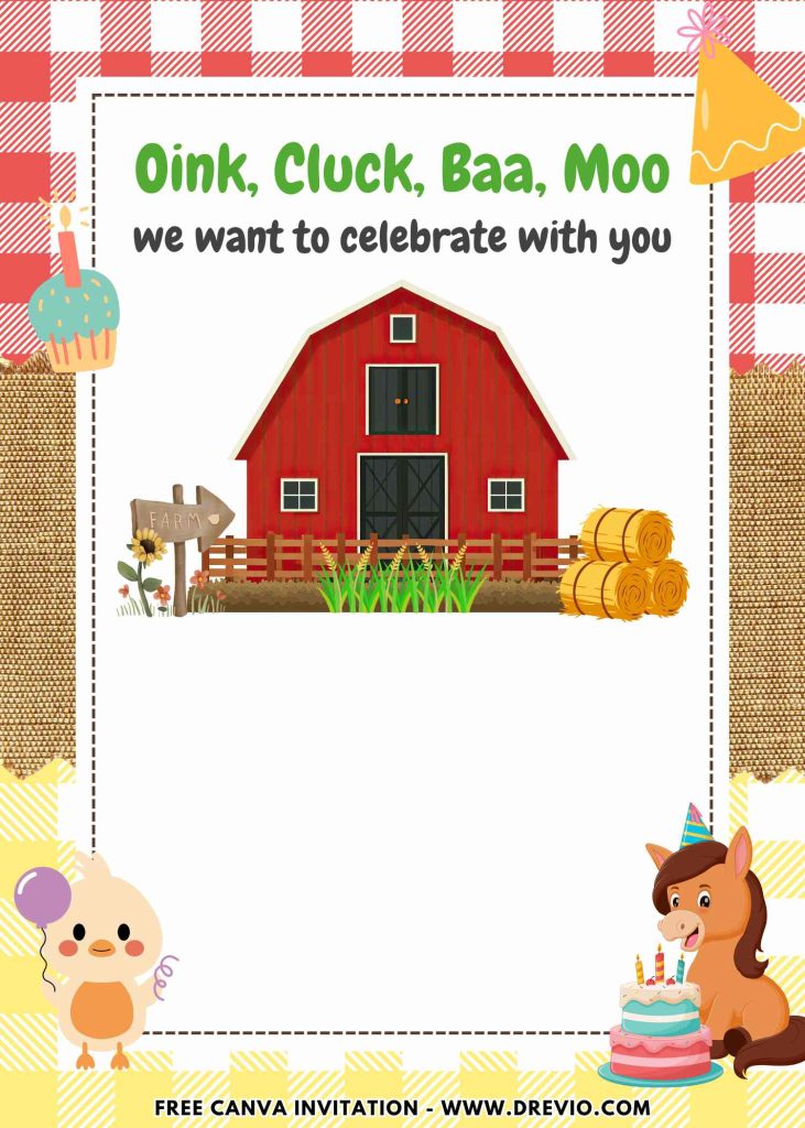 Free and Editable Cartoon Barnyard Farm Birthday Invitation Templates Made in Canva. Customize Online for free