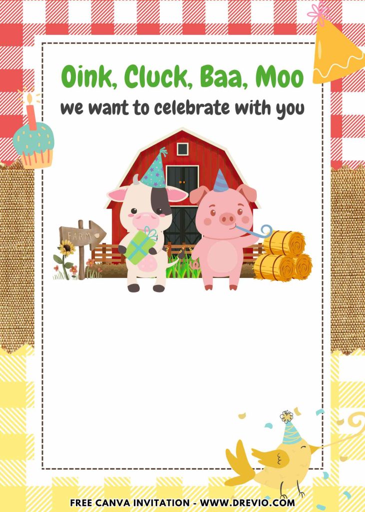 Free and Editable Cute Barnyard Farm Animals Birthday Invitation Templates Made in Canva. Customize Online for free