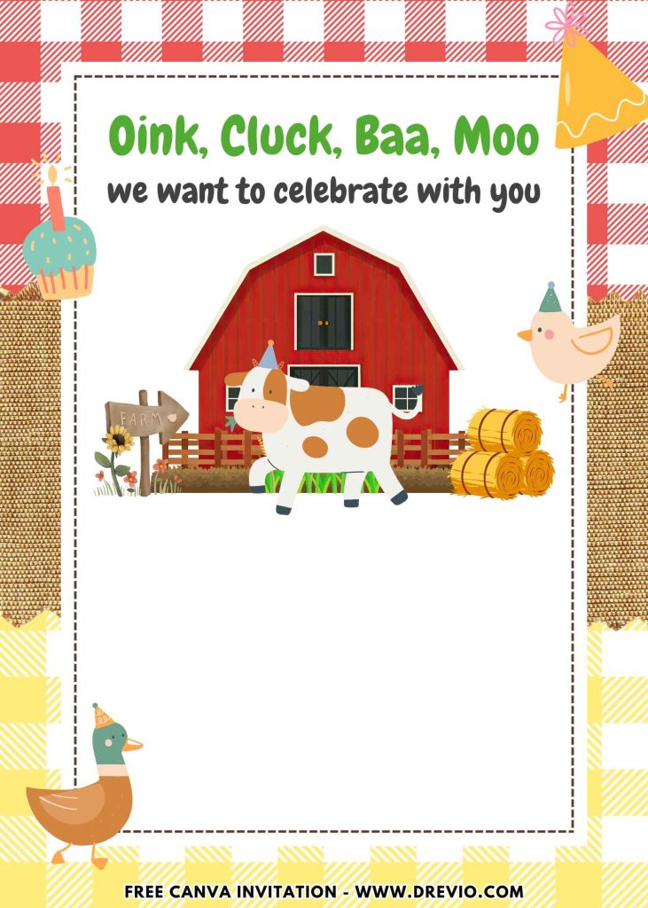 Free and Editable Adorable Barnyard Farm Birthday Invitation Templates Made in Canva. Customize Online for free