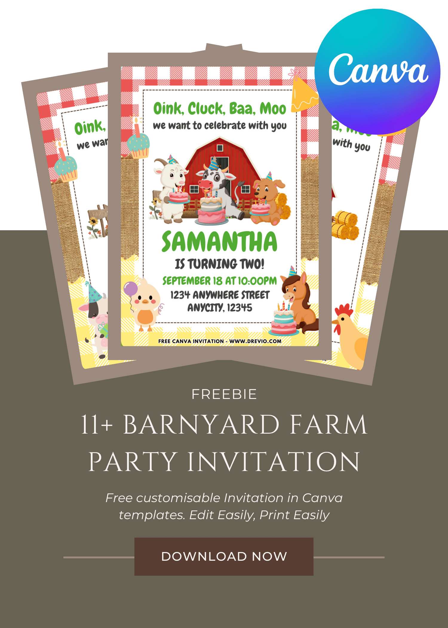 Free and Editable Cute Barnyard Farm Birthday Invitation Templates Made in Canva. Customize Online for free