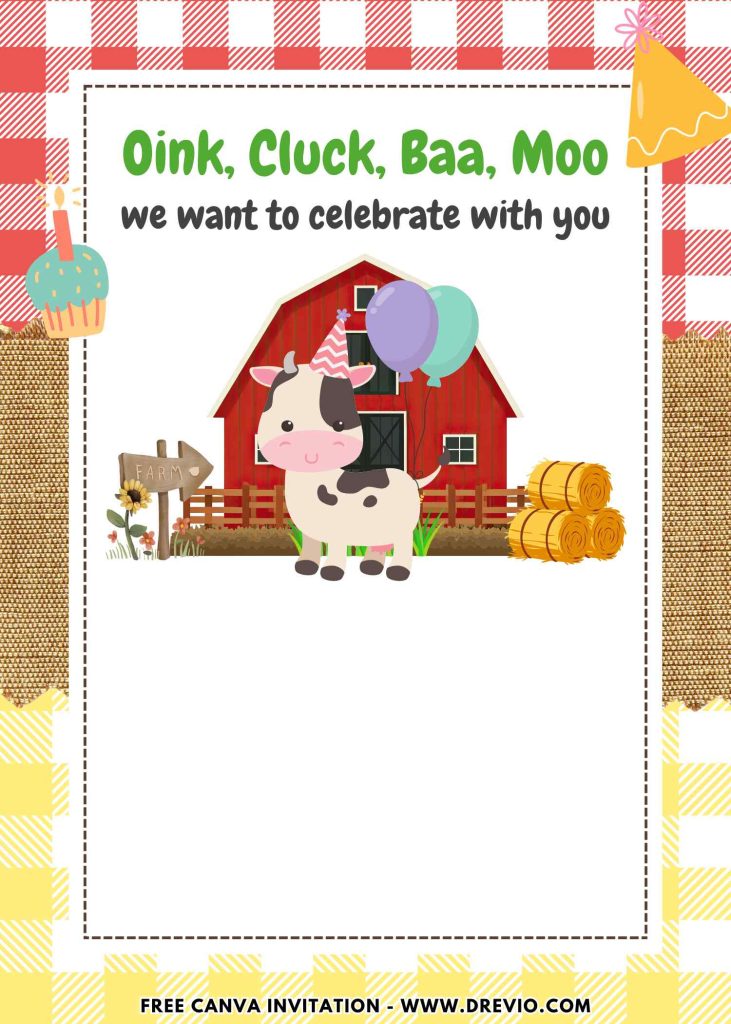 Free and Editable Festive Barnyard Farm Birthday Invitation Templates Made in Canva. Customize Online for free