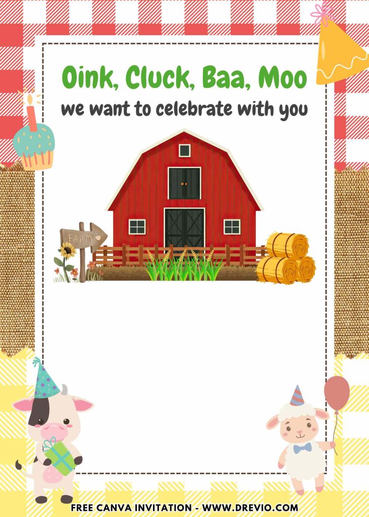 Free and Editable Happy Barnyard Farm Birthday Invitation Templates Made in Canva. Customize Online for free