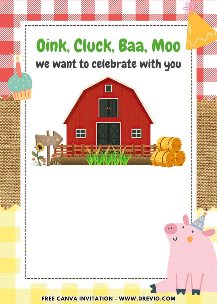 Free and Editable Sweet Barnyard Farm Birthday Invitation Templates Made in Canva. Customize Online for free
