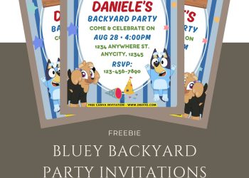 Free and Editable Bluey Party Invitations Cute Free Printables with adorable blue Stripes background Made in Canva. Customize Online for free