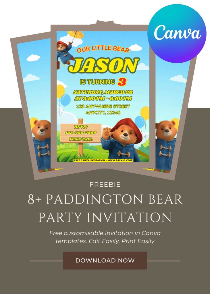 Free and Editable Cute Paddington Bear Invitation Templates Made in Canva. Customize Online for free