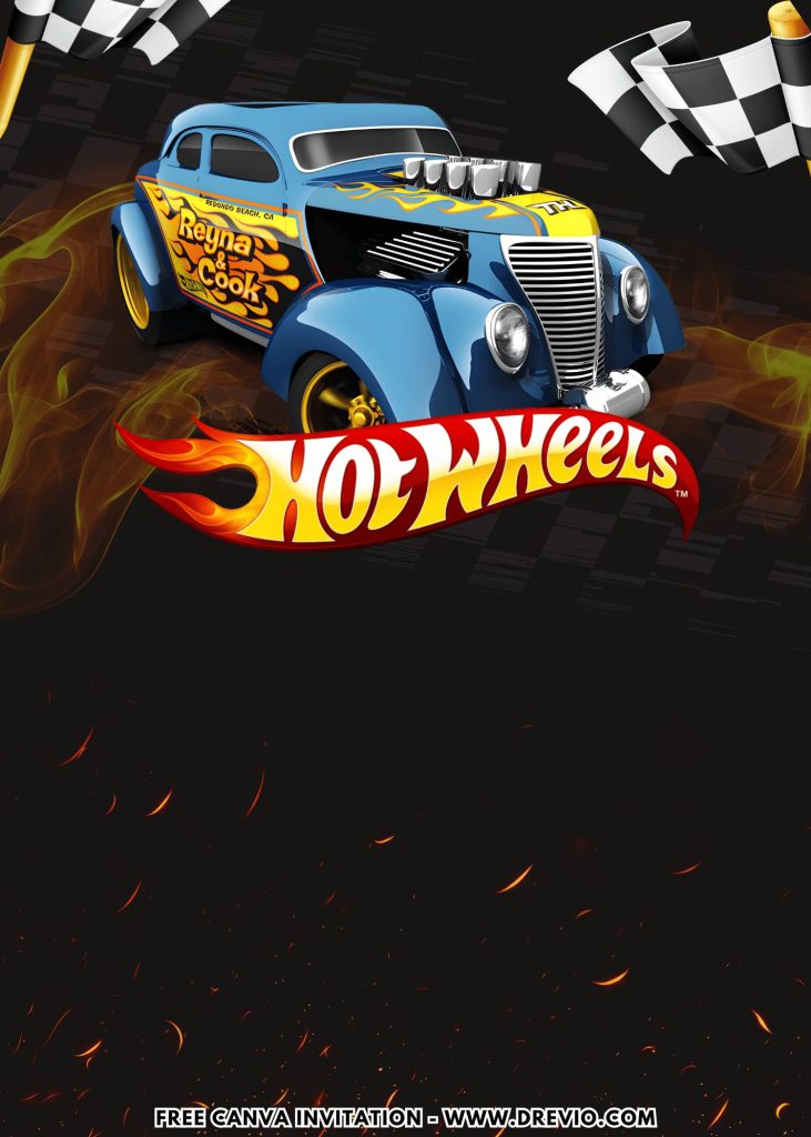 Free and Editable Fiery Flame Hotrod Hot Wheels Treasure Hunt Birthday Invitation Templates Made in Canva. Customize Online for free