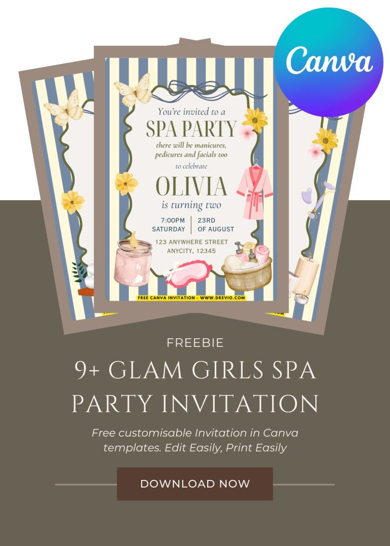 Free and Editable Vintage Girls Glam Spa Party Invitation Templates Made in Canva. Customize Online for free