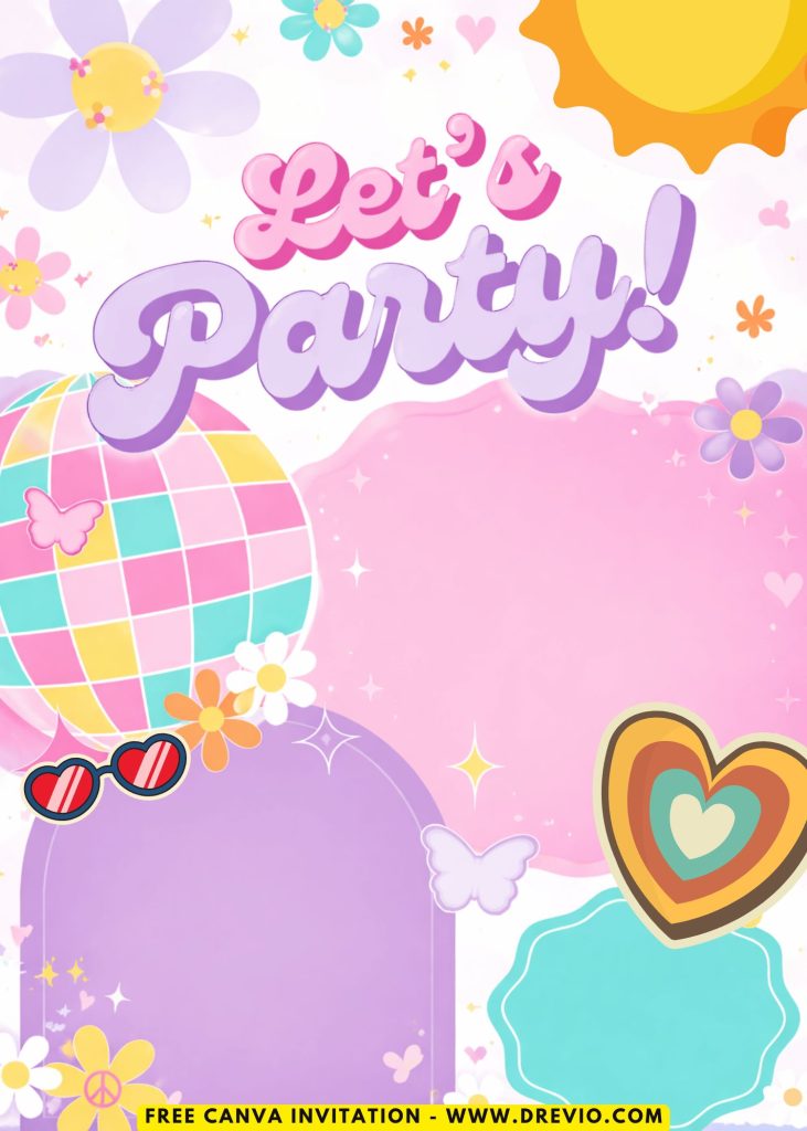 Free and Editable Colorful Groovy 70s Disco Invitation Templates Made in Canva. Customize Online for free