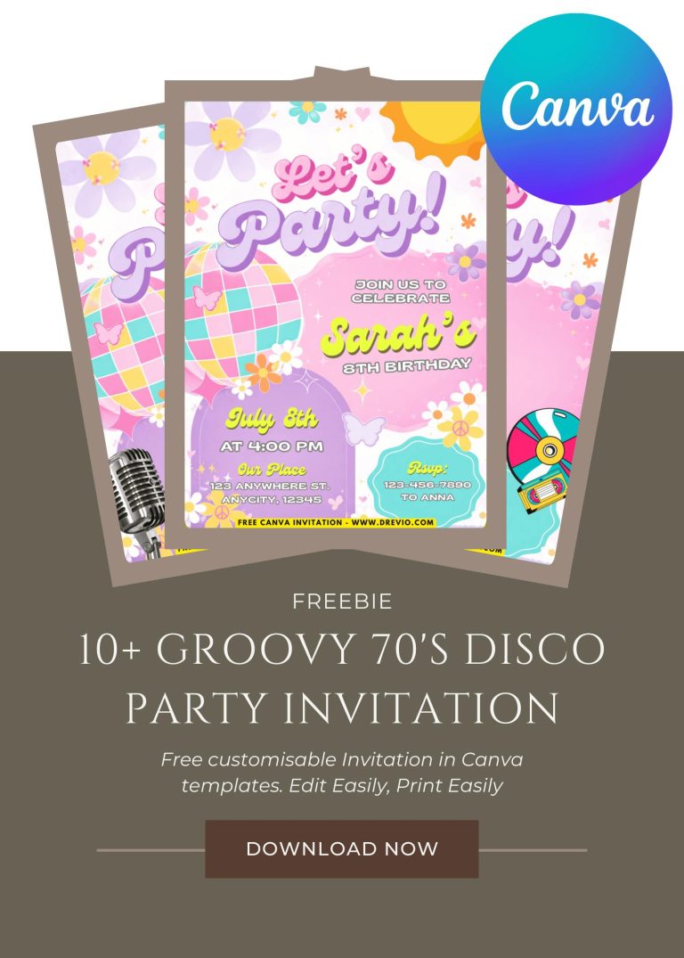 Free and Editable Retro Groovy 70s Disco Invitation Templates Made in Canva. Customize Online for free