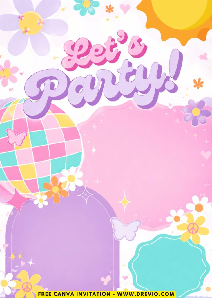Free and Editable Groovy 70s Disco Kids Birthday Invitation Templates Made in Canva. Customize Online for free