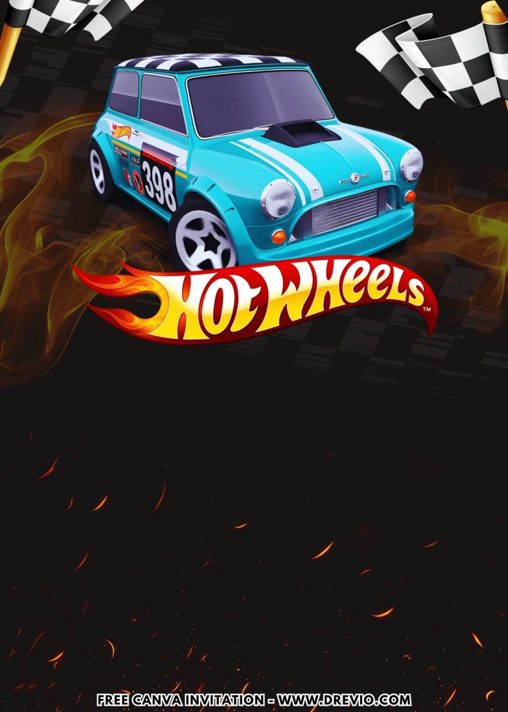 Free and Editable Cute Racing Mini Cooper Hot Wheels Treasure Hunt Birthday Invitation Templates Made in Canva. Customize Online for free