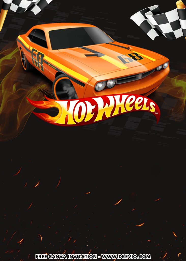 Free and Editable Hellcat Mustang Hot Wheels Treasure Hunt Birthday Invitation Templates Made in Canva. Customize Online for free