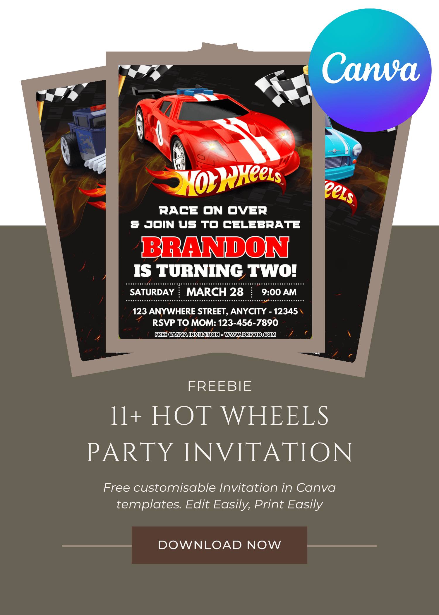 Free and Editable Awesome Hot Wheels Treasure Hunt Birthday Invitation Templates Made in Canva. Customize Online for free