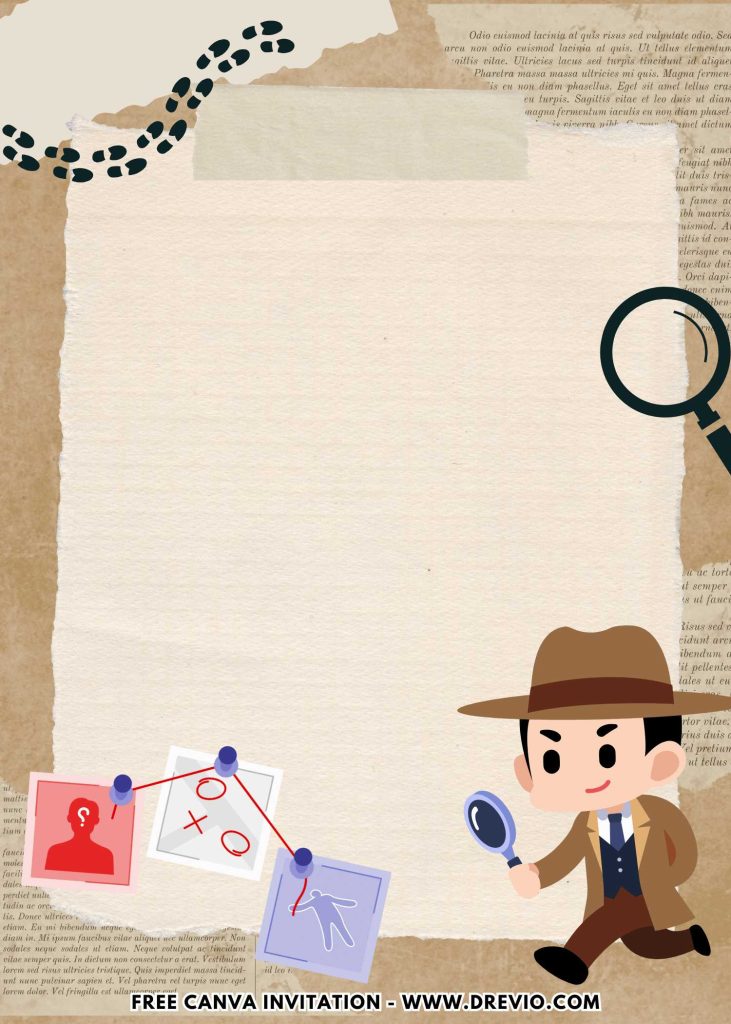 Free and Editable Little Detective Mystery Invitation Templates with Magnifying Glass and Footsteps Made in Canva. Customize Online for free