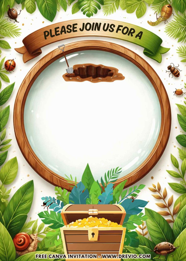 Free and Editable Greenery Backyard Treasure Hunt Invitation Templates Made in Canva. Customize Online for free