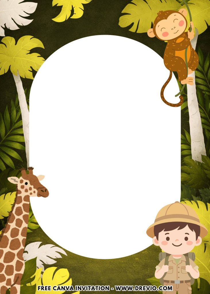 Free and Editable Baby Jungle Explorer Safari Birthday Invitation Templates Made in Canva. Customize Online for free
