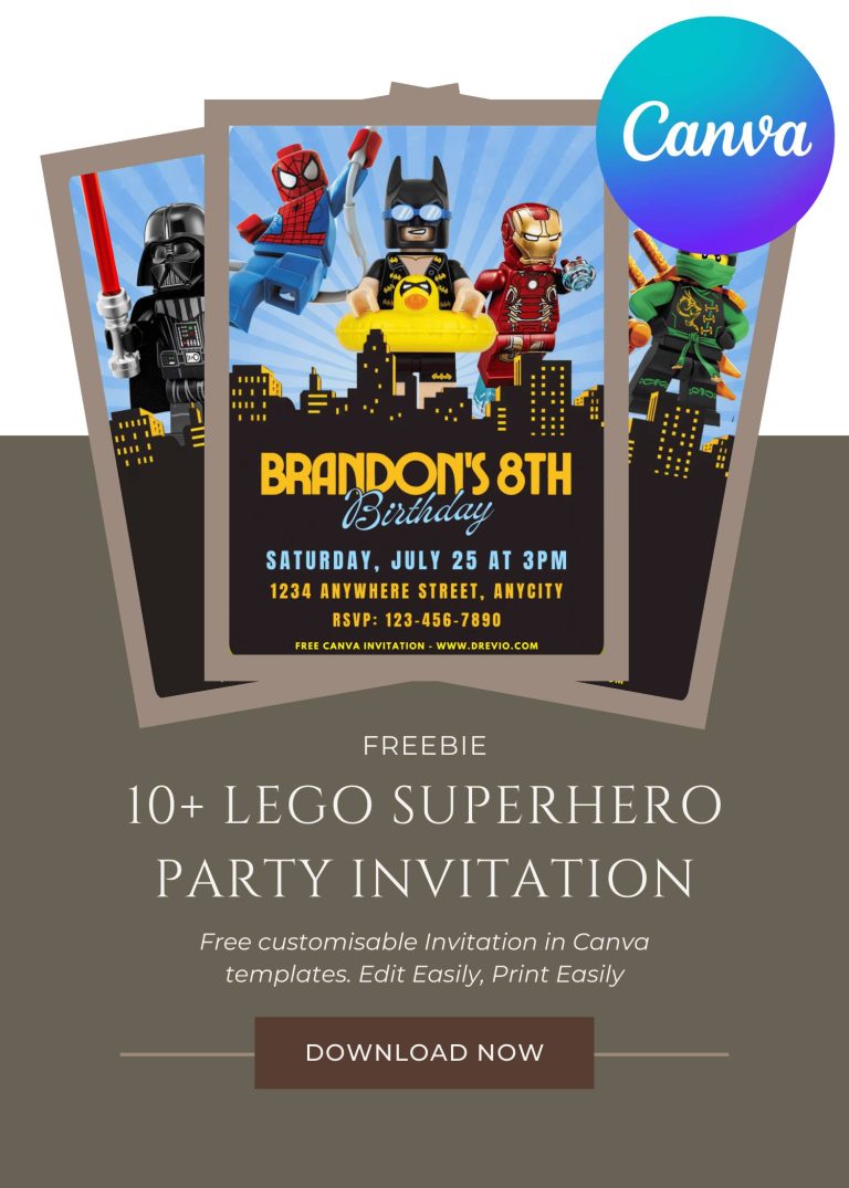 Free and Editable Awesome Lego Superhero Invitation Templates Made in Canva. Customize Online for free