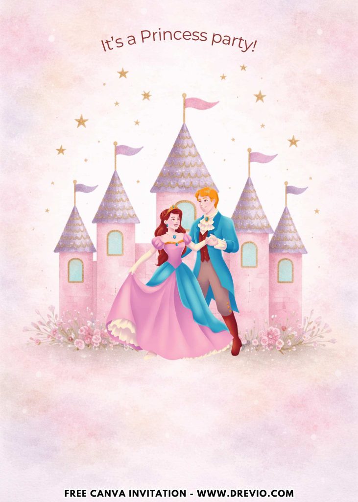 Free and Editable Charming Prince and Princess Castle and Carriage Birthday Invitation Templates Made in Canva. Customize Online for free