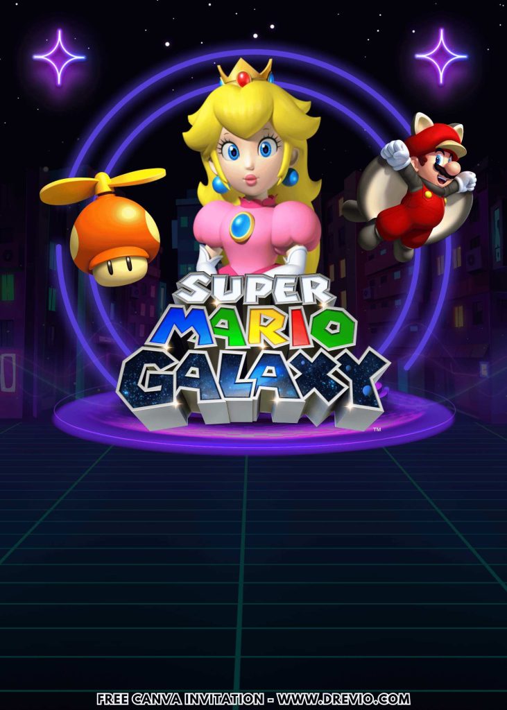 Free and Editable Princess Peach Super Mario Galaxy Invitation Templates Made in Canva. Customize Online for free