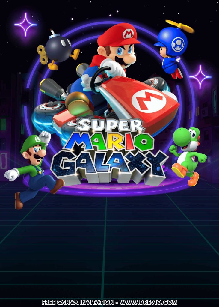 Free and Editable Lovely Super Mario Galaxy Invitation Templates Made in Canva. Customize Online for free