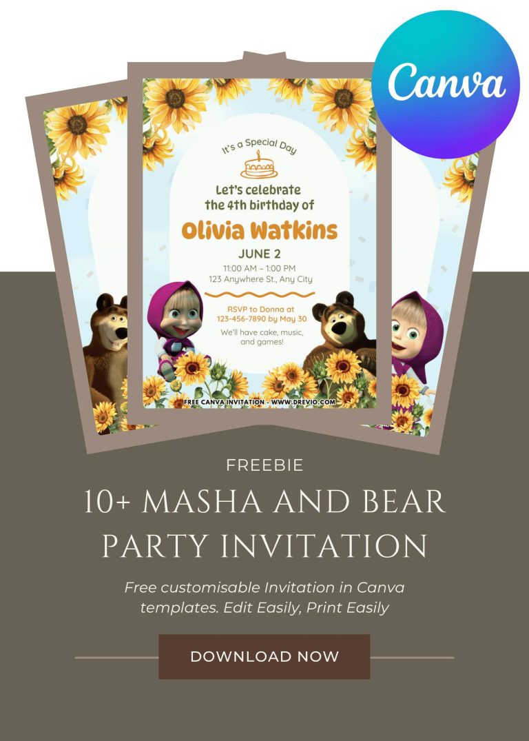 Free and Editable Masha And Bear Invitation Templates Made in Canva. Customize Online for free