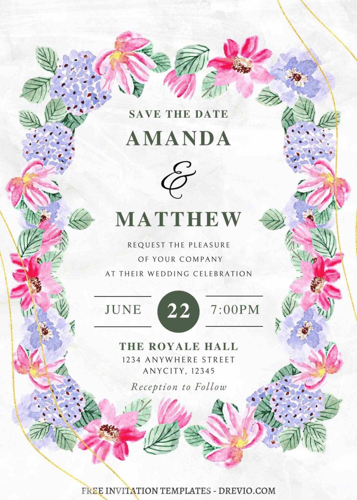 modern floral frame wedding invite canva template