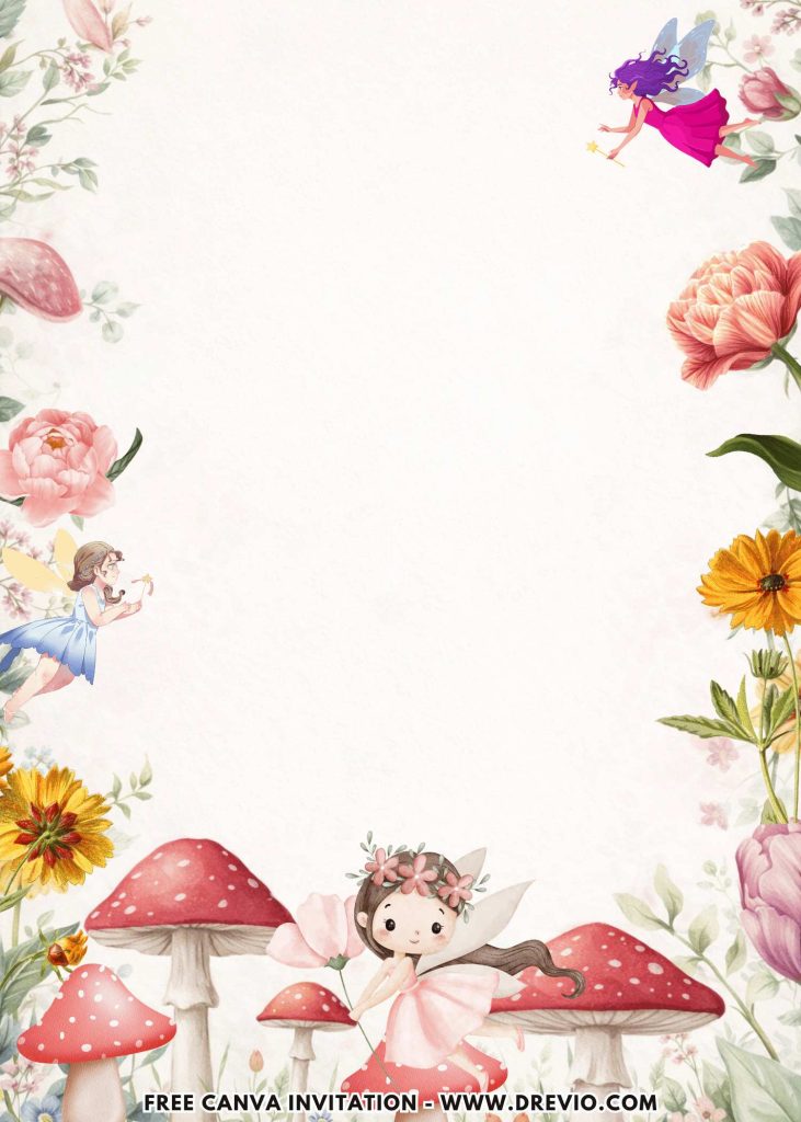 Free and Editable Spring Garden Fairy Birthday Invitation Templates Made in Canva. Customize Online for free