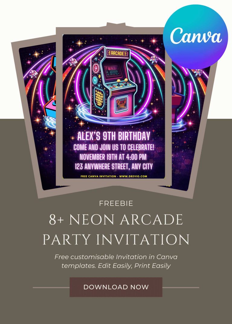 Free and Editable Fun Neon Arcade Invitation Templates Made in Canva. Customize Online for free