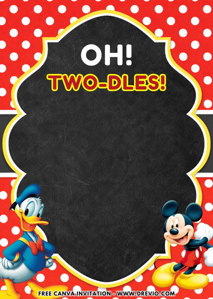 Free and Editable Cute Oh Twodles Mickey Mouse Invitation Templates Made in Canva. Customize Online for free