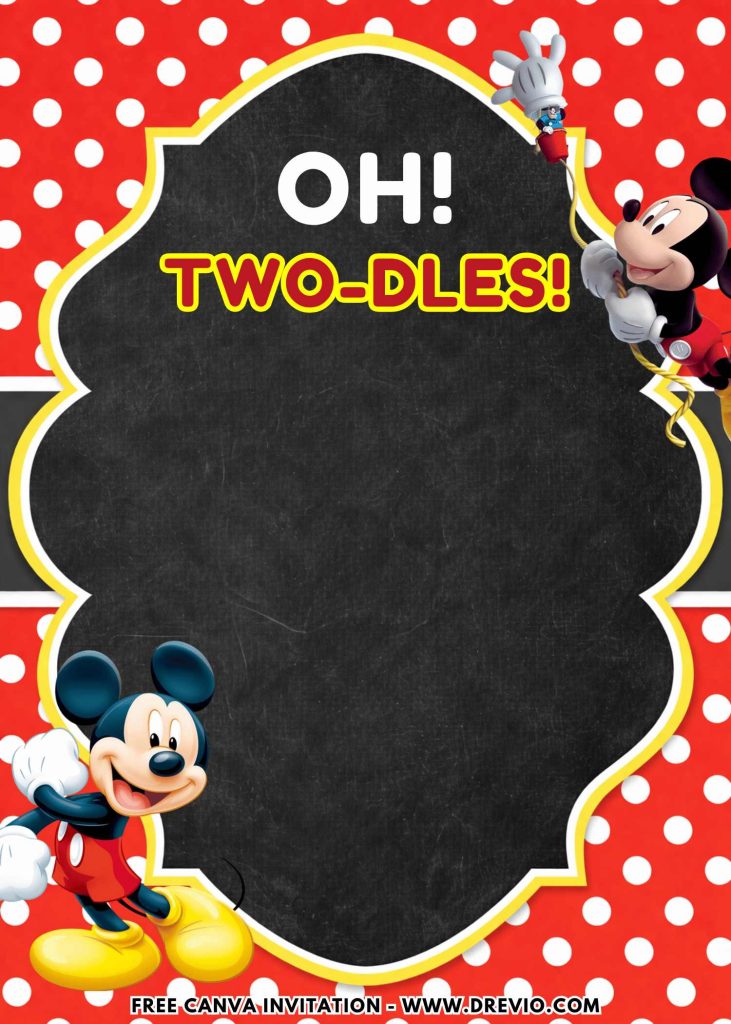 Free and Editable Oh Twodles Mickey Mouse Invitation Templates with Polka Dot Background Made in Canva. Customize Online for free