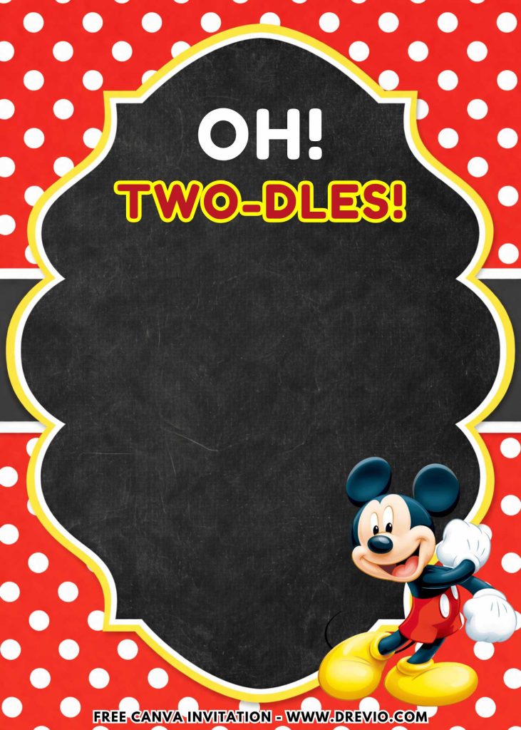 Free and Editable Happy Oh Twodles Mickey Mouse Invitation Templates Made in Canva. Customize Online for free