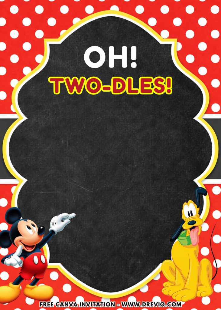Free and Editable Lovely Cute Oh Twodles Mickey Mouse Invitation Templates Made in Canva. Customize Online for free