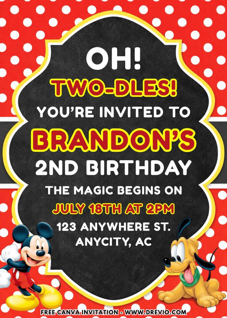 Free and Editable Cute Oh Twodles Mickey Mouse Invitation Templates Made in Canva. Customize Online for free