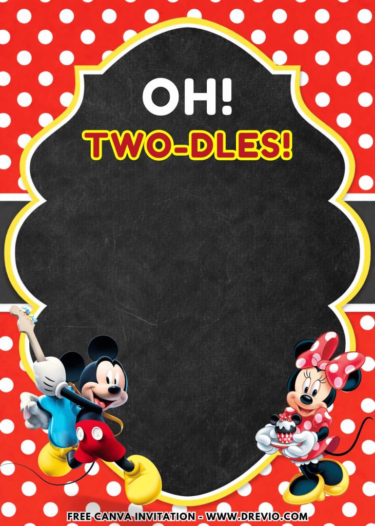 Free and Editable Oh Twodles Mickey and Minnie Mouse Invitation Templates Made in Canva. Customize Online for free