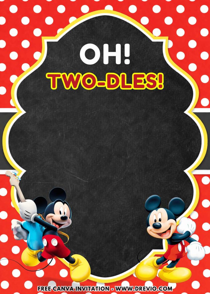 Free and Editable Oh Twodles Mickey Mouse Kids Party Invitation Templates Made in Canva. Customize Online for free