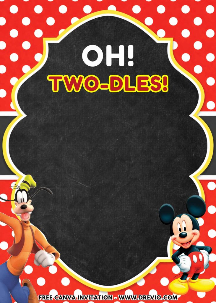 Free and Editable Lovely Oh Twodles Mickey Mouse Invitation Templates Made in Canva. Customize Online for free