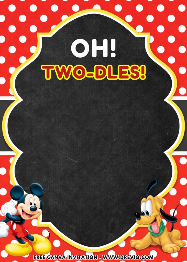 Free and Editable Fun Oh Twodles Mickey Mouse Invitation Templates Made in Canva. Customize Online for free