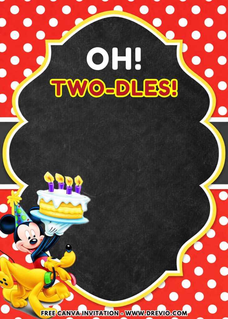 Free and Editable Oh Twodles Mickey Mouse and Pluto Invitation Templates Made in Canva. Customize Online for free