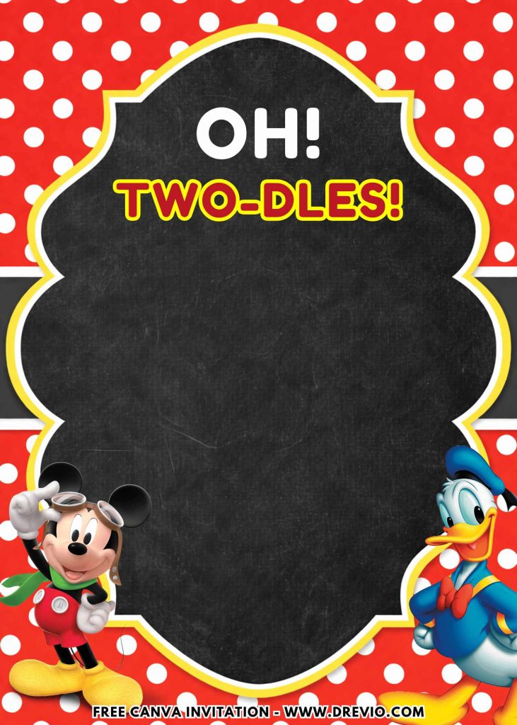 Free and Editable Adorable Oh Twodles Mickey Mouse Invitation Templates Made in Canva. Customize Online for free