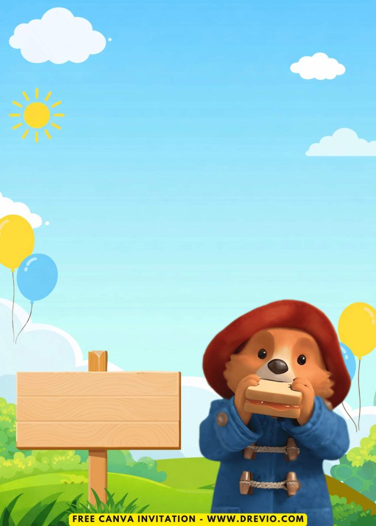 Free and Editable Paddington Bear Eating Sandwich Invitation Templates Made in Canva. Customize Online for free