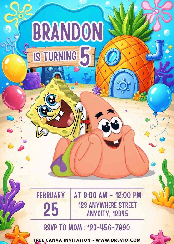 Free and Editable Patrick SpongeBob Birthday Cutes Invitation Templates Made in Canva. Customize Online for free