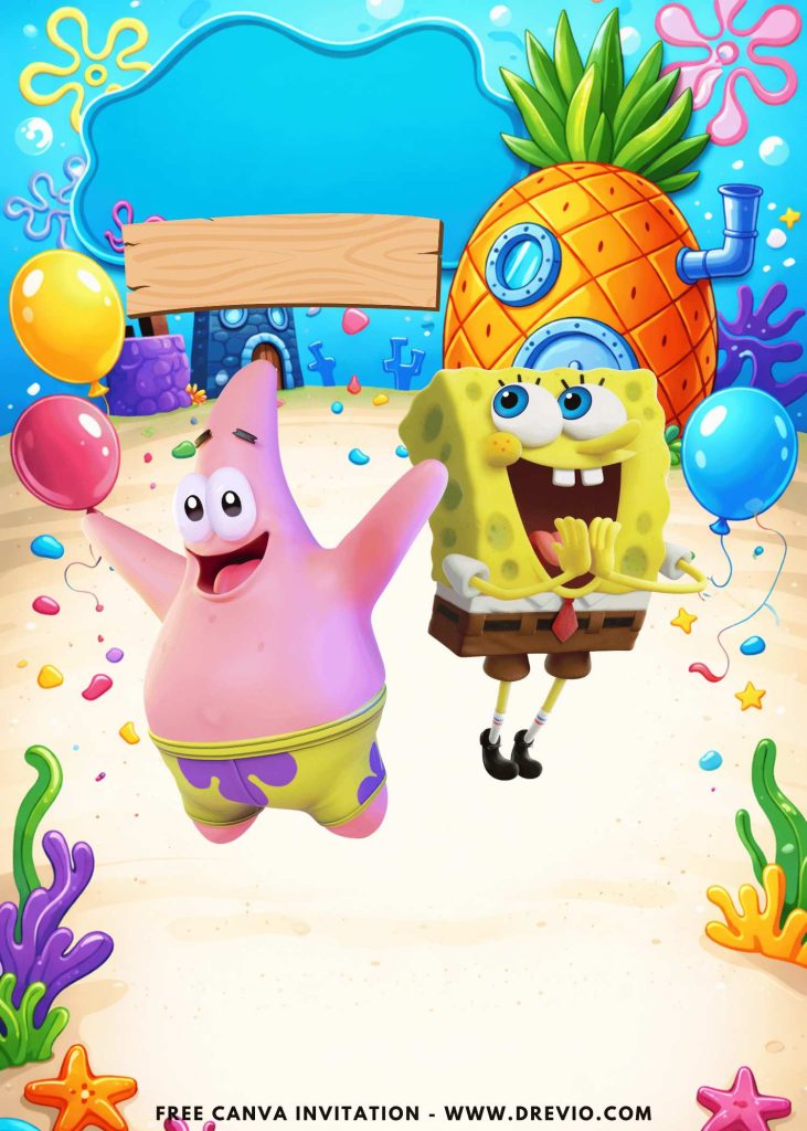 Free and Editable Patrick SpongeBob Pineapple House Birthday Cutes Invitation Templates Made in Canva. Customize Online for free