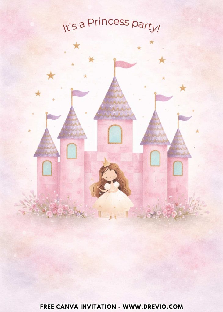 Free and Editable Dreamy Watercolor Princess Castle and Carriage Birthday Invitation Templates Made in Canva. Customize Online for free