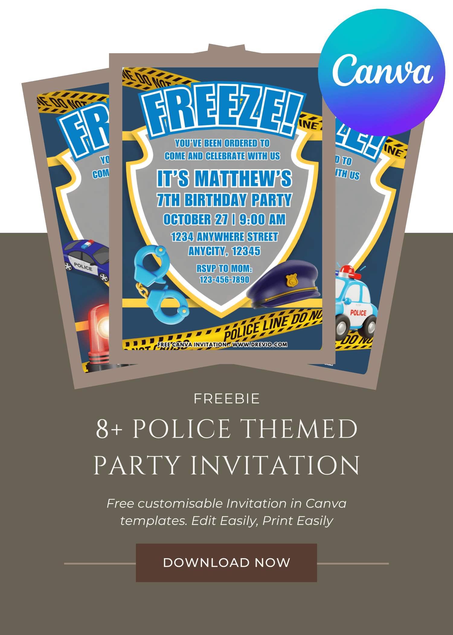 Free and Editable Police Birthday Birthday Invitation Templates Made in Canva. Customize Online for free
